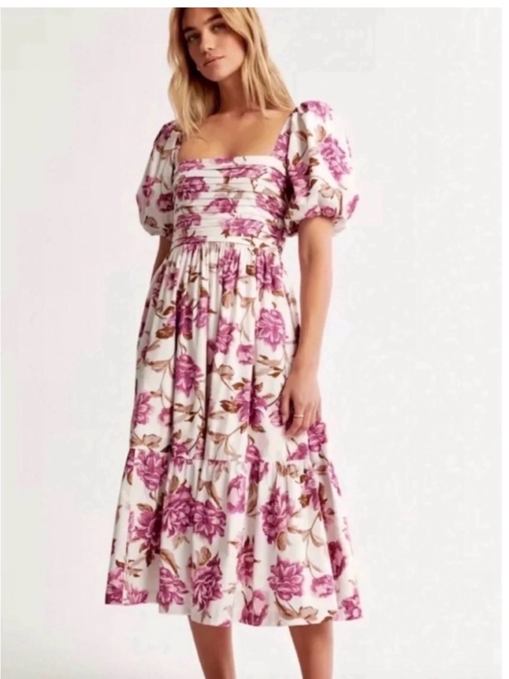 Abercrombie & Fitch Emerson White Floral Midi Dress with Pink and Brown Print
